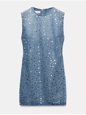 Zara TRF Light Blue Denim Sleeveless Short Dress with Mirrors.